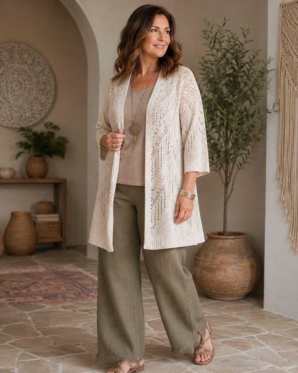 CJ Banks Oatmeao Beige Knit Lightweight Cardigan Duster Women’s 2X Boho Layer